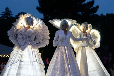 échassiers blancs vêtus de costumes lumineux pour une animation déambulatoire, tout en lumière. disponibles également en ile de France, auvergne