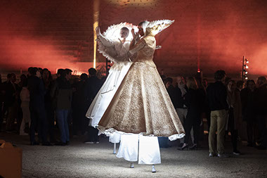 échassiers en animation pour l’accueil des invités, animation en musique et danse pendant le cocktail, animation danse en soirée, spectacle 